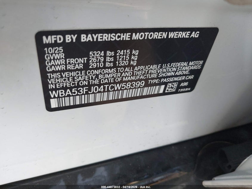 VIN WBA53FJ04TCW58399 2026 BMW 530I XDRIVE