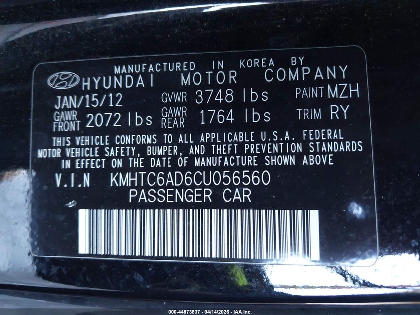 2012 Hyundai Veloster Base W/Gray VIN: KMHTC6AD6CU056560 Lot: 44873837