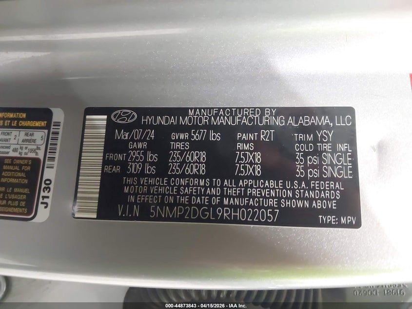 2024 Hyundai Santa Fe Sel VIN: 5NMP2DGL9RH022057 Lot: 44873843