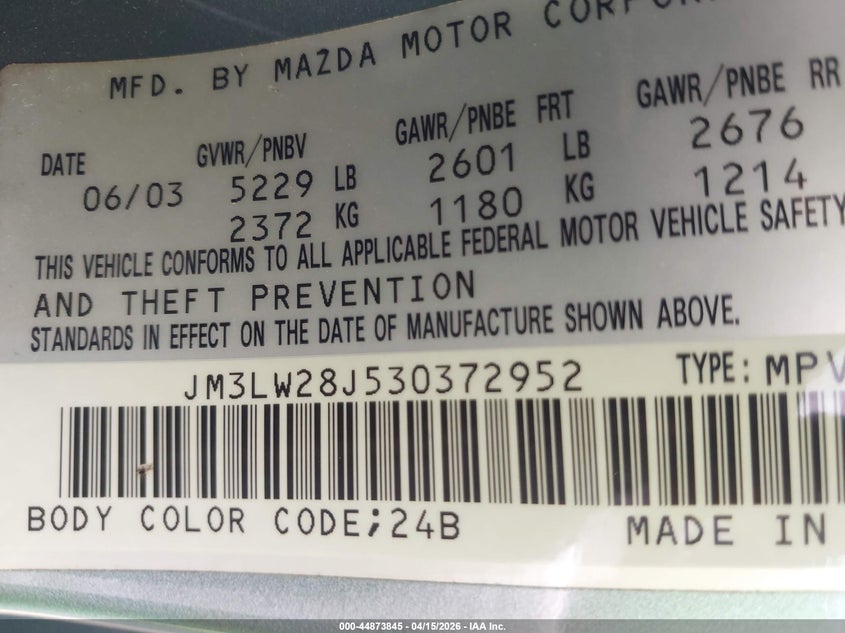 2003 Mazda Mpv Es/Lx/Lx-Sv VIN: JM3LW28J530372952 Lot: 44873845