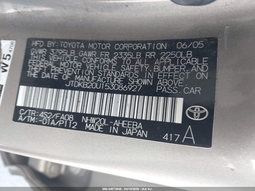 2005 Toyota Prius VIN: JTDKB20U153086927 Lot: 44873846