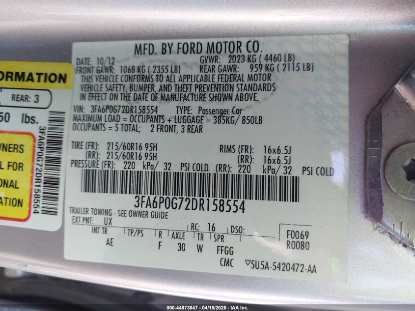 2013 Ford Fusion S VIN: 3FA6P0G72DR158554 Lot: 44873847