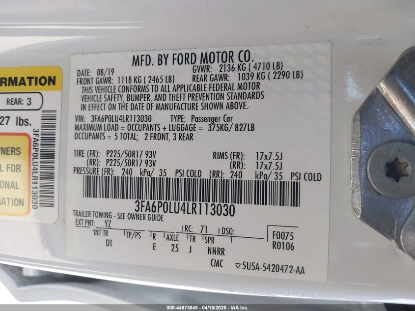 2020 Ford Fusion Hybrid Se VIN: 3FA6P0LU4LR113030 Lot: 44873848