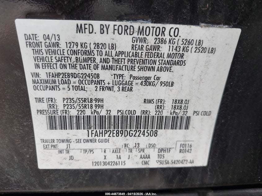 2013 Ford Taurus Sel VIN: 1FAHP2E89DG224508 Lot: 44873849