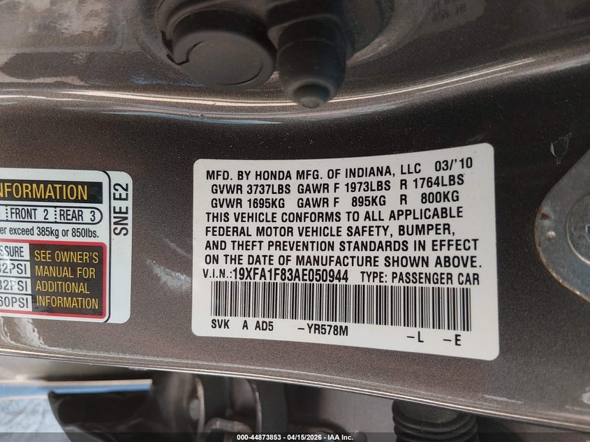 2010 Honda Civic Ex VIN: 19XFA1F83AE050944 Lot: 44873853