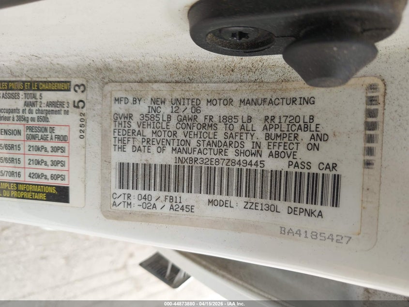 2007 Toyota Corolla Le VIN: 1NXBR32E87Z849445 Lot: 44873880