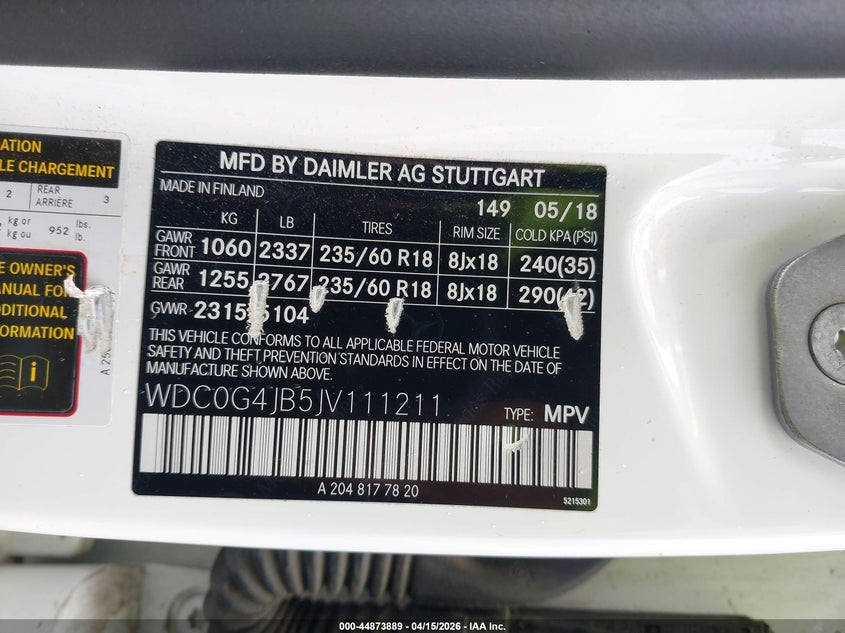 2018 Mercedes-Benz Glc 300 VIN: WDC0G4JB5JV111211 Lot: 44873889