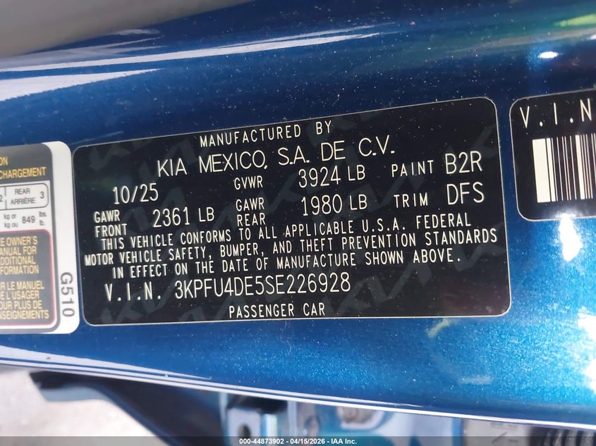 2025 Kia K4 2.0 Ex blue Lot 111044873902 Vin 3KPFU4DE5SE226928