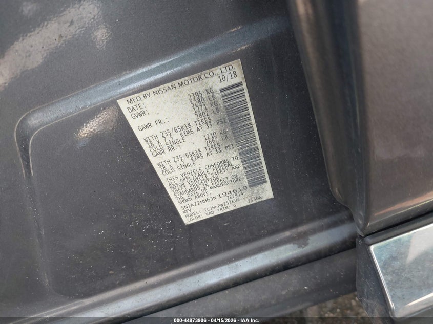 2018 Nissan Murano S VIN: 5N1AZ2MH6JN194619 Lot: 44873906