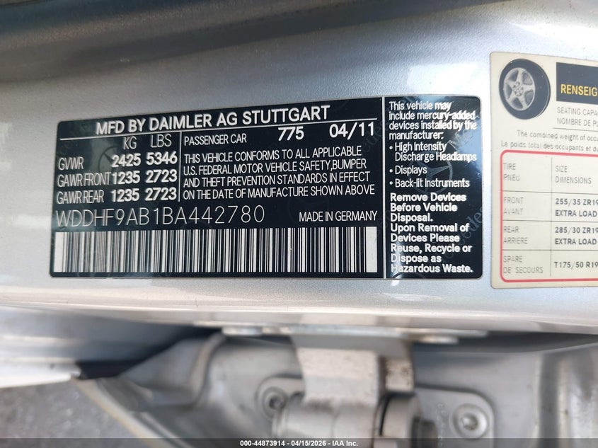 2011 Mercedes-Benz E 550 4Matic VIN: WDDHF9AB1BA442780 Lot: 44873914