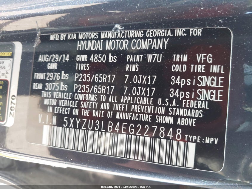 2014 Hyundai Santa Fe Sport 2.4L VIN: 5XYZU3LB4EG227848 Lot: 44873921