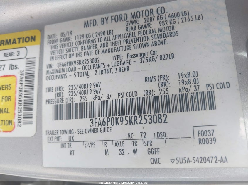 2019 Ford Fusion Titanium VIN: 3FA6P0K95KR253082 Lot: 44873930