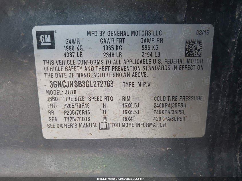 2016 Chevrolet Trax 1Ls VIN: 3GNCJNSB3GL272763 Lot: 44873931