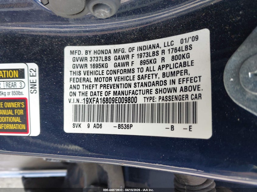2009 Honda Civic Ex VIN: 19XFA16809E009800 Lot: 44873933