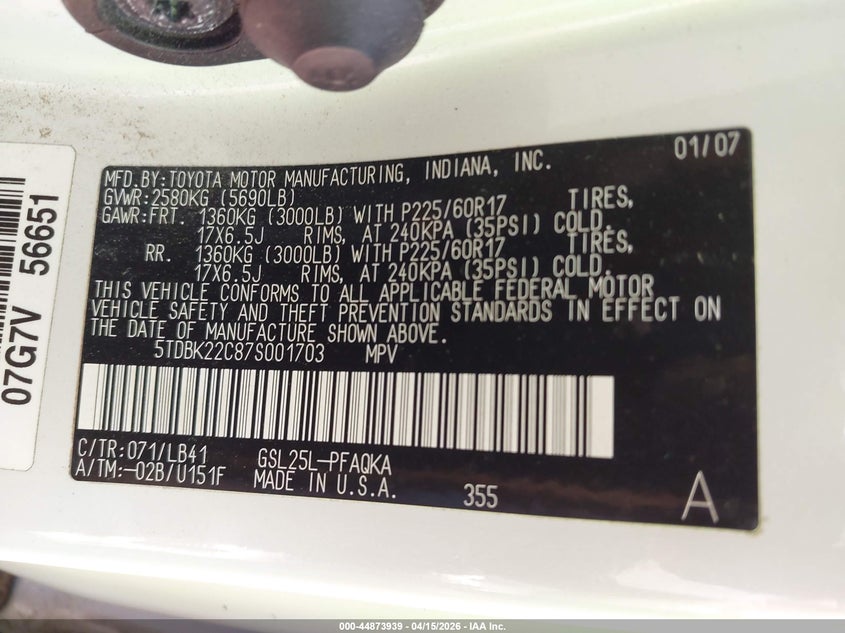 2007 Toyota Sienna Xle Limited VIN: 5TDBK22C87S001703 Lot: 44873939