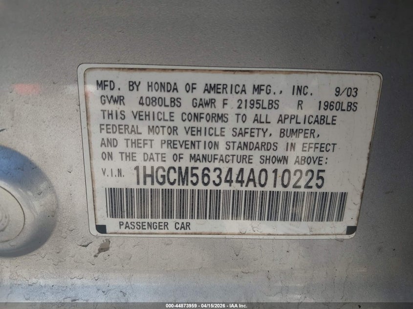 2004 Honda Accord 2.4 Lx VIN: 1HGCM56344A010225 Lot: 44873959
