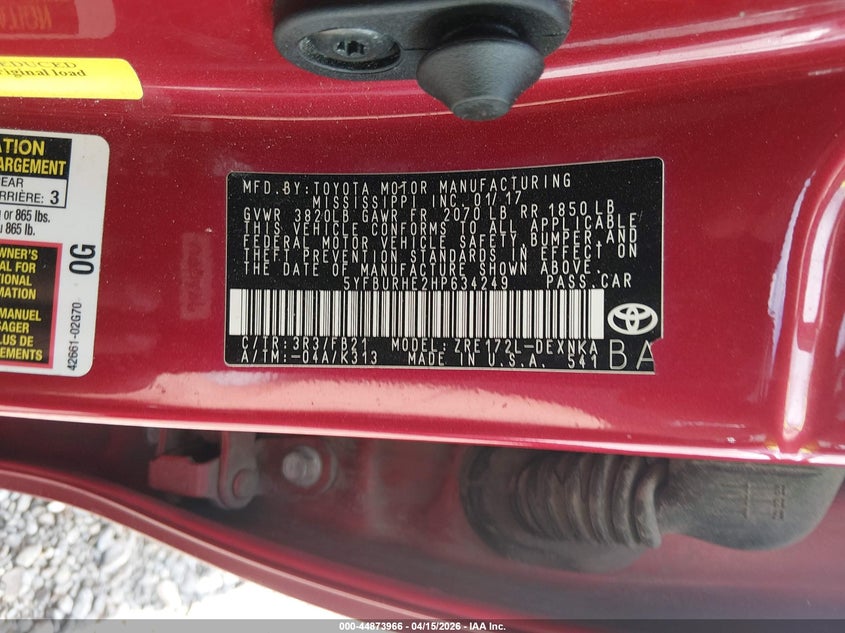 2017 Toyota Corolla 1.8 Red Lot 111044873966 Vin 5YFBURHE2HP634249