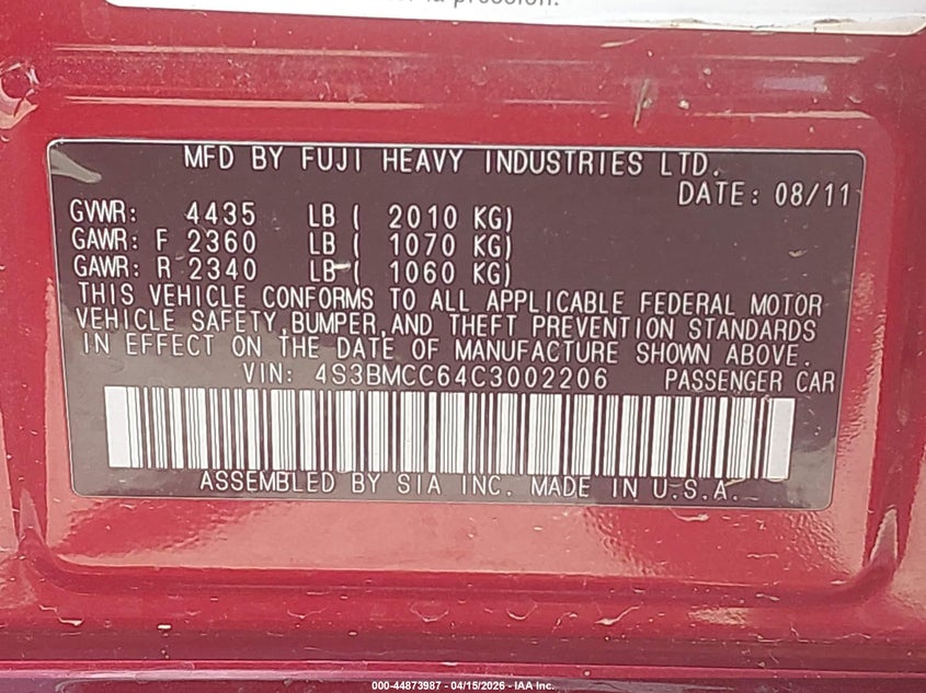 2012 Subaru Legacy 2.5I Premium VIN: 4S3BMCC64C3002206 Lot: 44873987