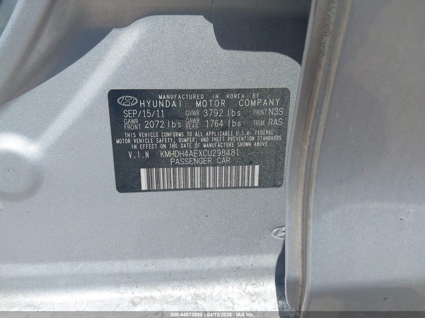 2012 Hyundai Elantra Gls (Ulsan Plant) VIN: KMHDH4AEXCU298481 Lot: 44873995