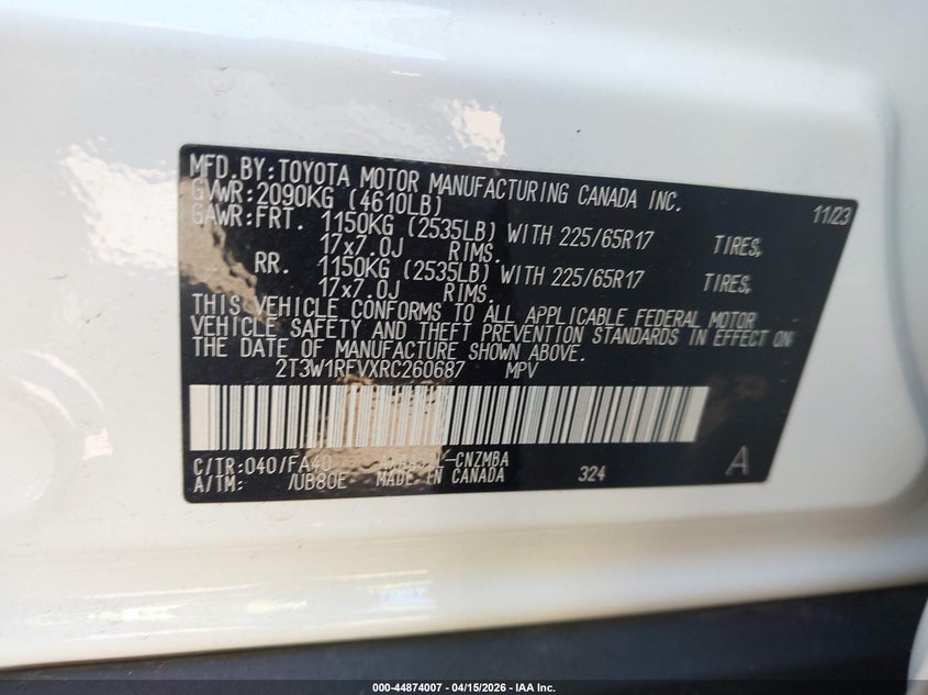 2024 Toyota Rav4 Xle VIN: 2T3W1RFVXRC260687 Lot: 44874007