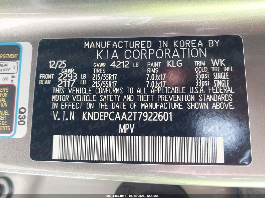 2026 Kia Seltos Lx VIN: KNDEPCAA2T7922601 Lot: 44874018