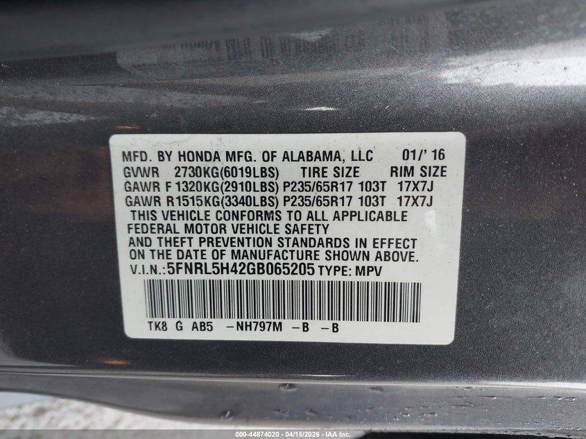 2016 Honda Odyssey Ex VIN: 5FNRL5H42GB065205 Lot: 44874020