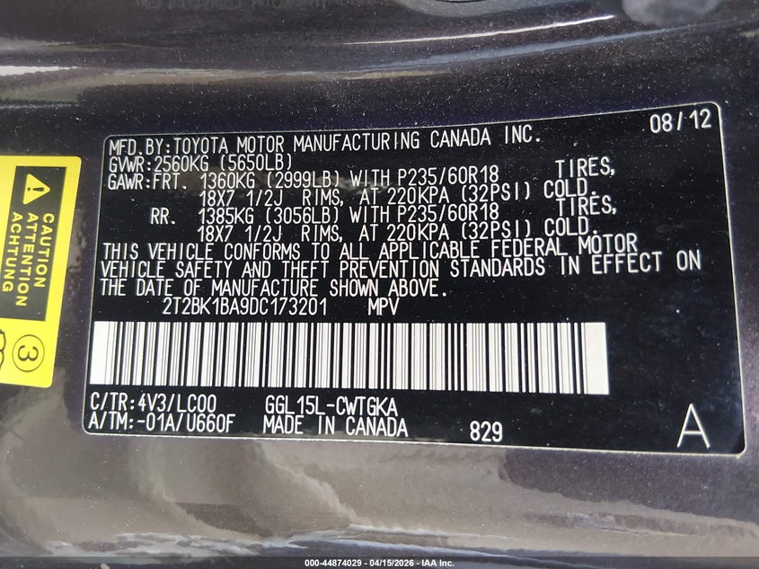 2013 Lexus Rx 350 VIN: 2T2BK1BA9DC173201 Lot: 44874029