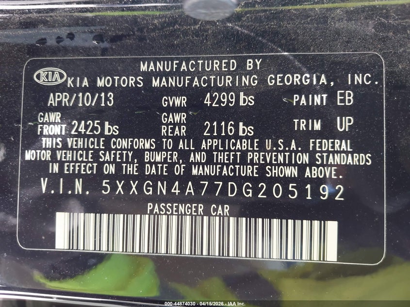 2013 Kia Optima Ex VIN: 5XXGN4A77DG205192 Lot: 44874030