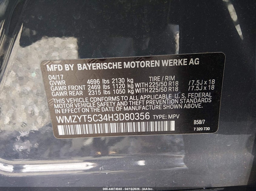 2017 Mini Countryman Cooper S VIN: WMZYT5C34H3D80356 Lot: 44874040