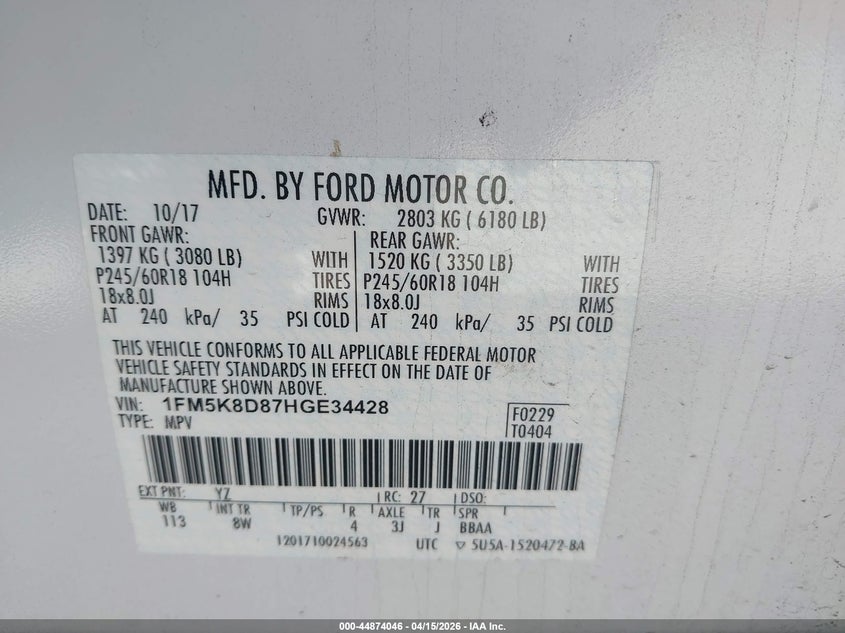 2017 Ford Explorer Xlt VIN: 1FM5K8D87HGE34428 Lot: 44874046