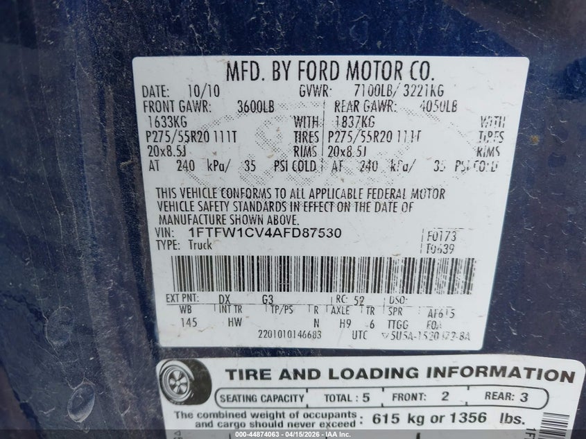2010 Ford F-150 Fx2 Sport/Harley-Davidson/King Ranch/Lariat/Platinum/Xl/Xlt VIN: 1FTFW1CV4AFD87530 Lot: 44874063