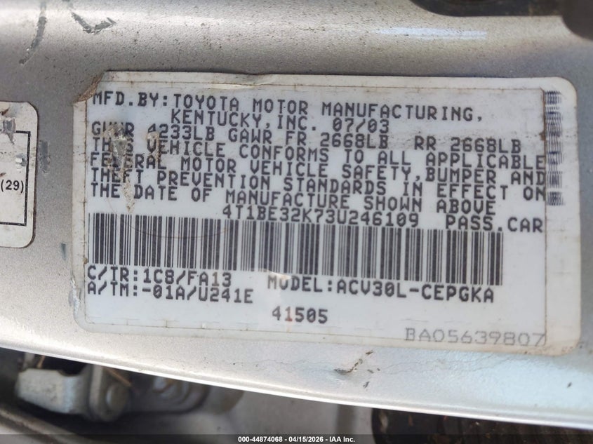 2003 Toyota Camry Xle VIN: 4T1BE32K73U246109 Lot: 44874068