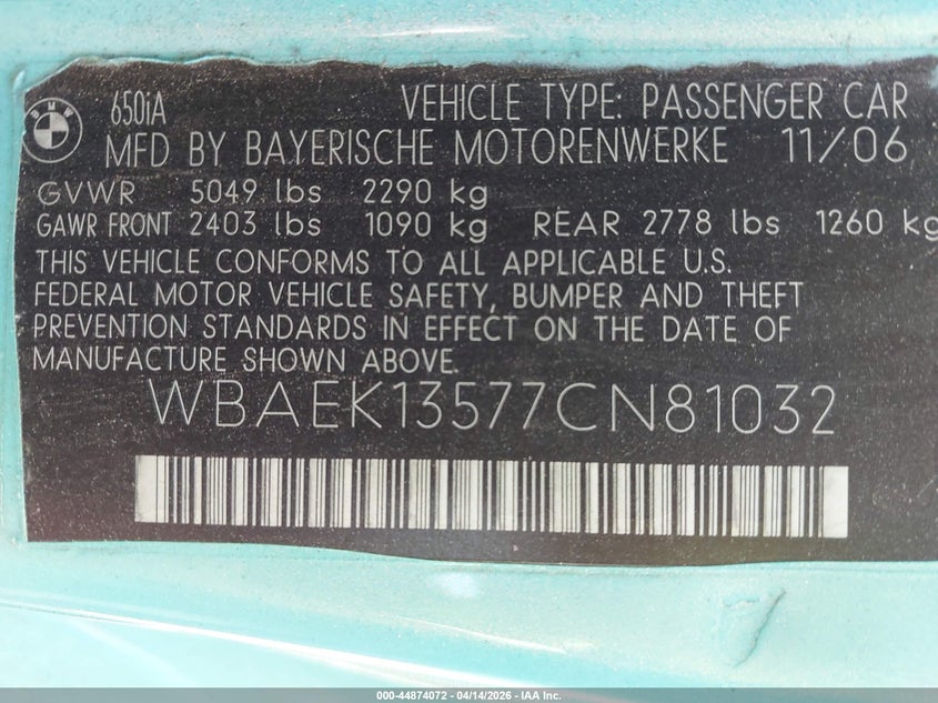 2007 BMW 650I VIN: WBAEK13577CN81032 Lot: 44874072