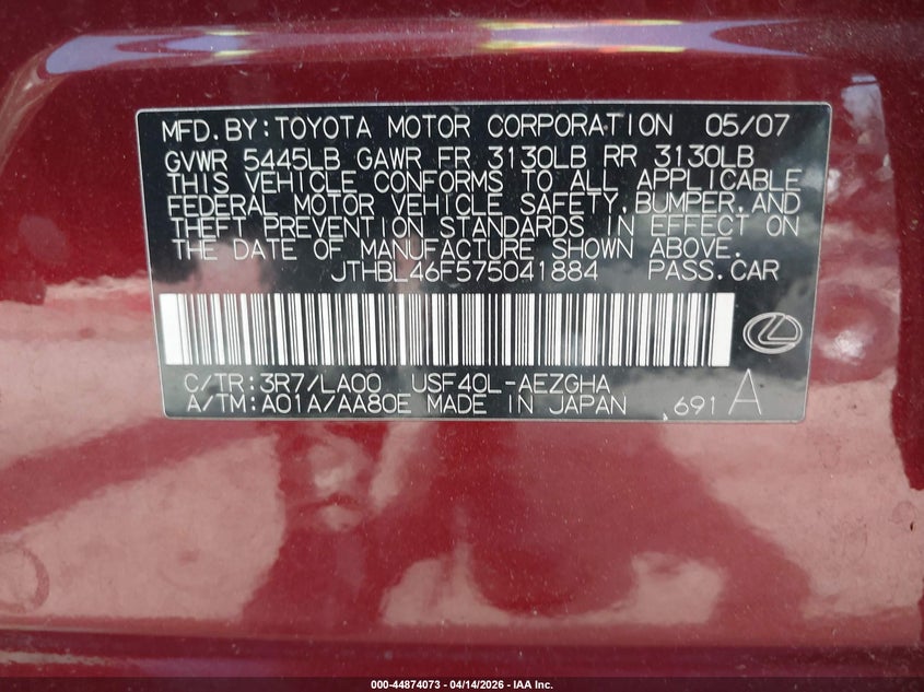 2007 Lexus Ls 460 VIN: JTHBL46F575041884 Lot: 44874073