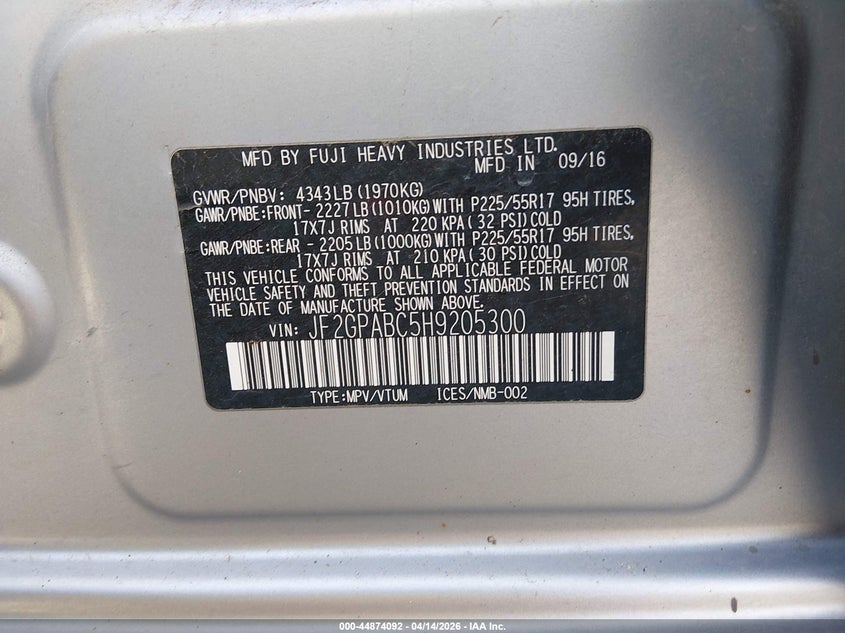 2017 Subaru Crosstrek 2.0I Premium VIN: JF2GPABC5H9205300 Lot: 44874092