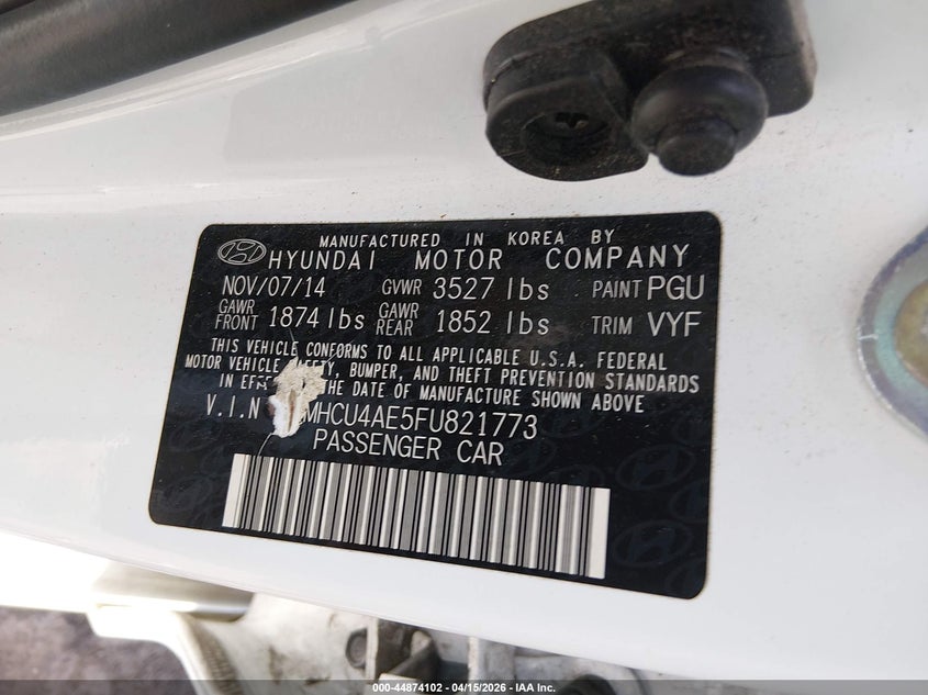 2015 Hyundai Accent Gls VIN: KMHCU4AE5FU821773 Lot: 44874102