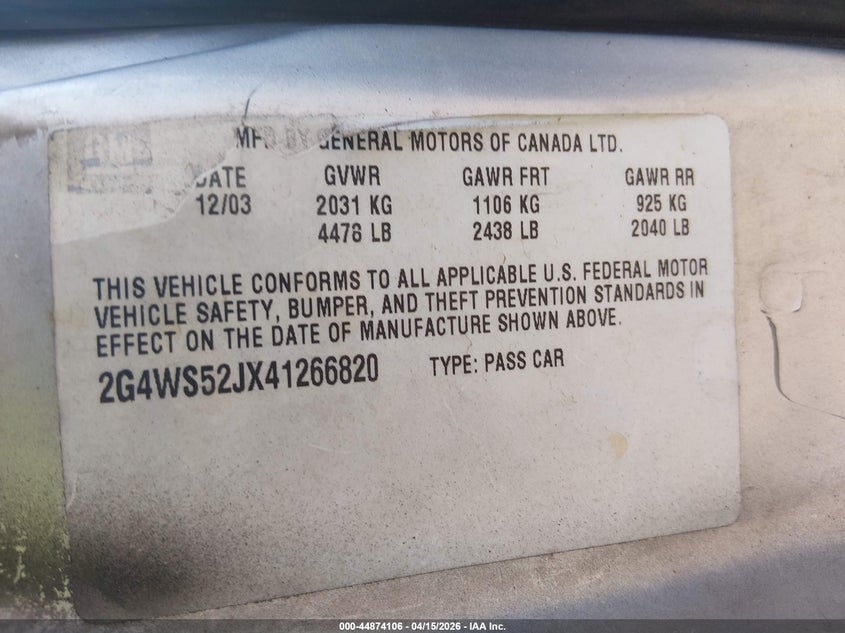 2004 Buick Century VIN: 2G4WS52JX41266820 Lot: 44874106