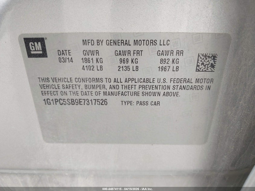 2014 Chevrolet Cruze 1Lt Auto VIN: 1G1PC5SB9E7317526 Lot: 44874115