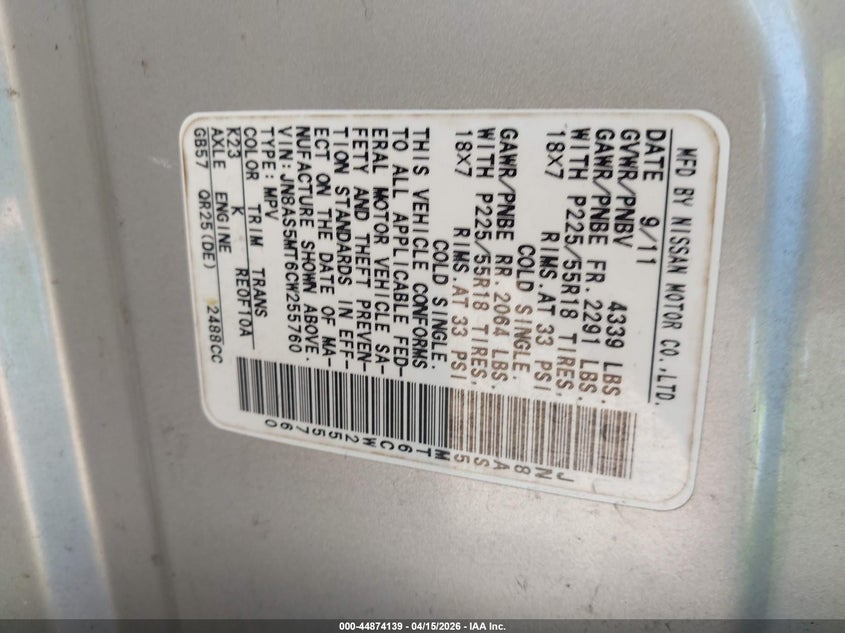 2012 Nissan Rogue Sv W/Sl Pkg VIN: JN8AS5MT6CW255760 Lot: 44874139