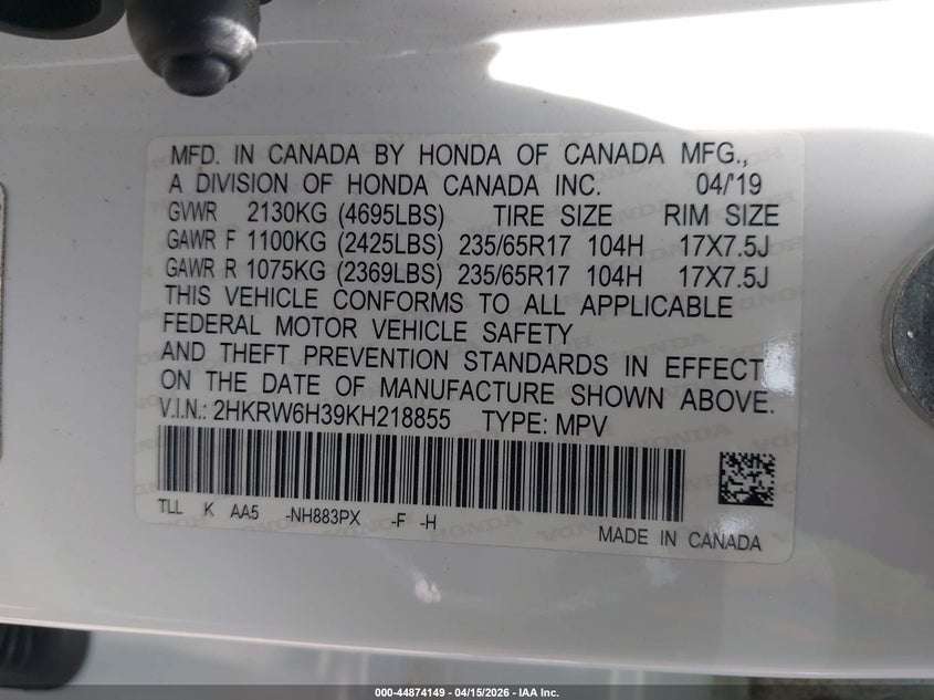 2019 Honda Cr-V Lx VIN: 2HKRW6H39KH218855 Lot: 44874149