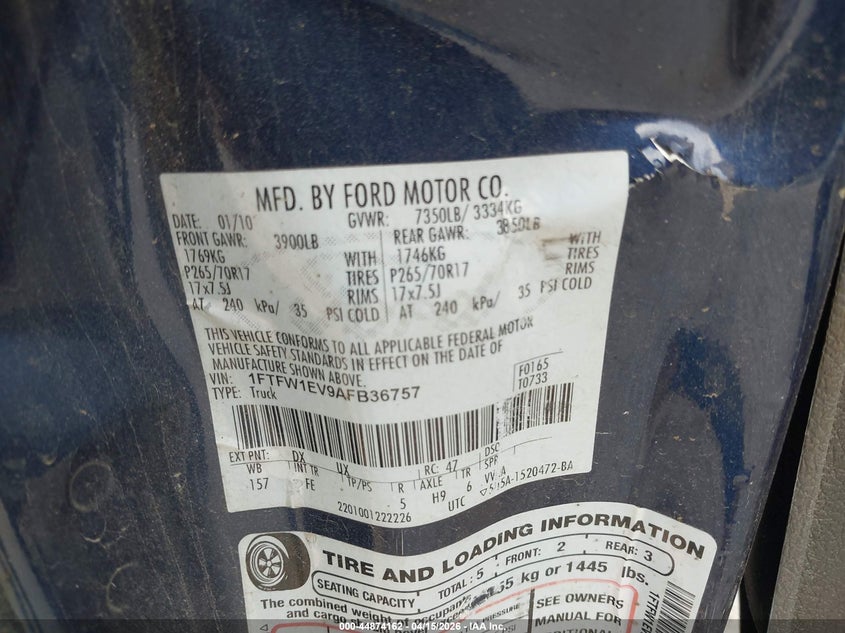 2010 Ford F-150 Fx4/Harley-Davidson/King Ranch/Lariat/Platinum/Xl/Xlt VIN: 1FTFW1EV9AFB36757 Lot: 44874162