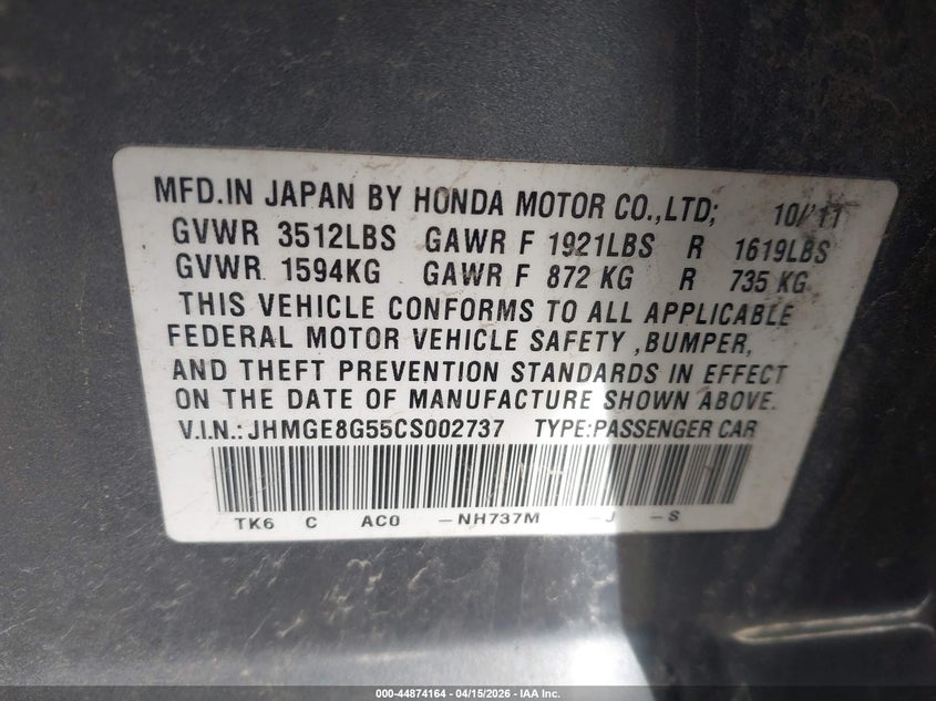 2012 Honda Fit Sport VIN: JHMGE8G55CS002737 Lot: 44874164