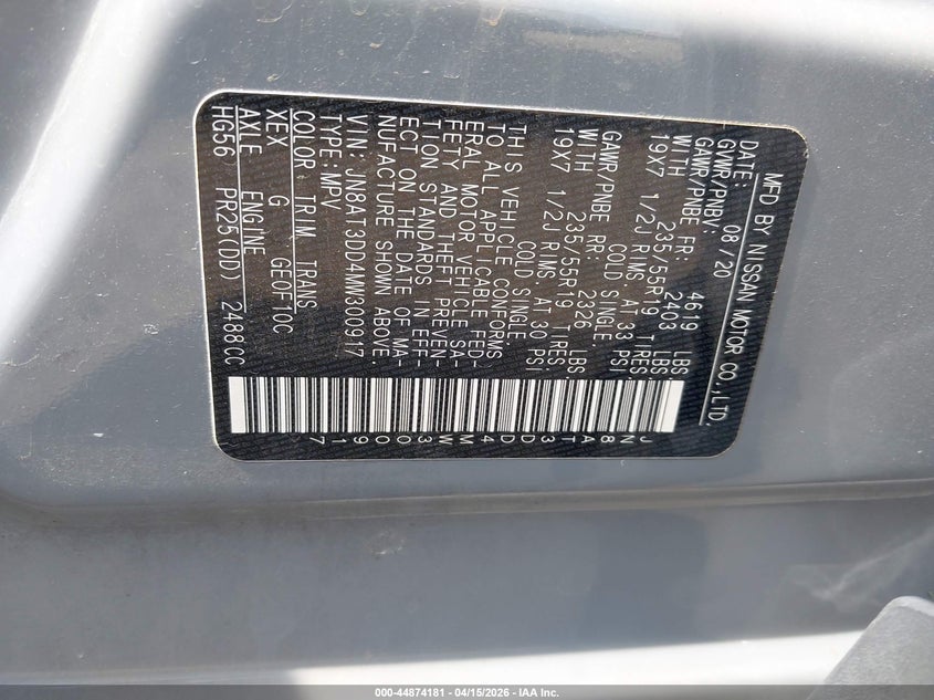 2021 Nissan Rogue Platinum Intelligent Awd VIN: JN8AT3DD4MW300917 Lot: 44874181