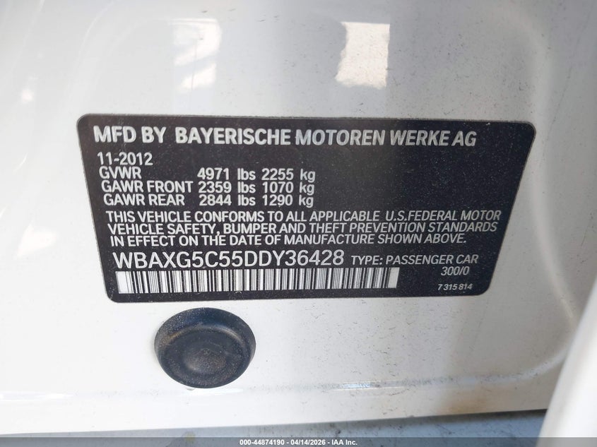2013 BMW 528I VIN: WBAXG5C55DDY36428 Lot: 44874190