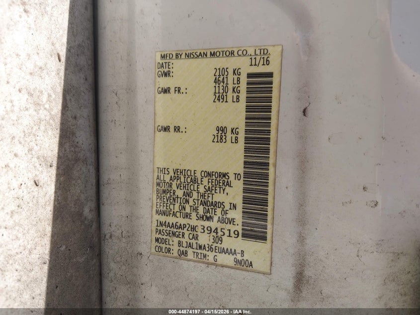 2017 Nissan Maxima 3.5 Sr VIN: 1N4AA6AP2HC394519 Lot: 44874197