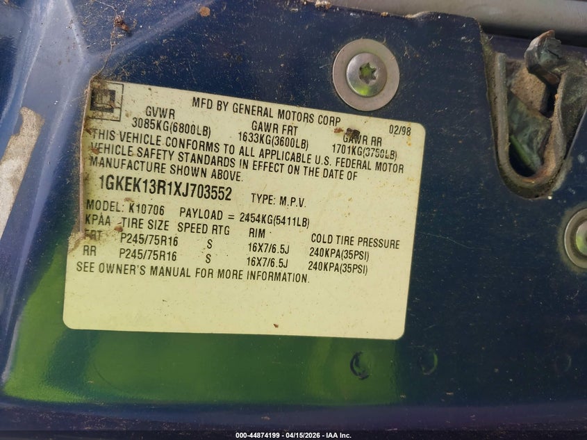 1999 GMC Yukon Sle VIN: 1GKEK13R1XJ703552 Lot: 44874199