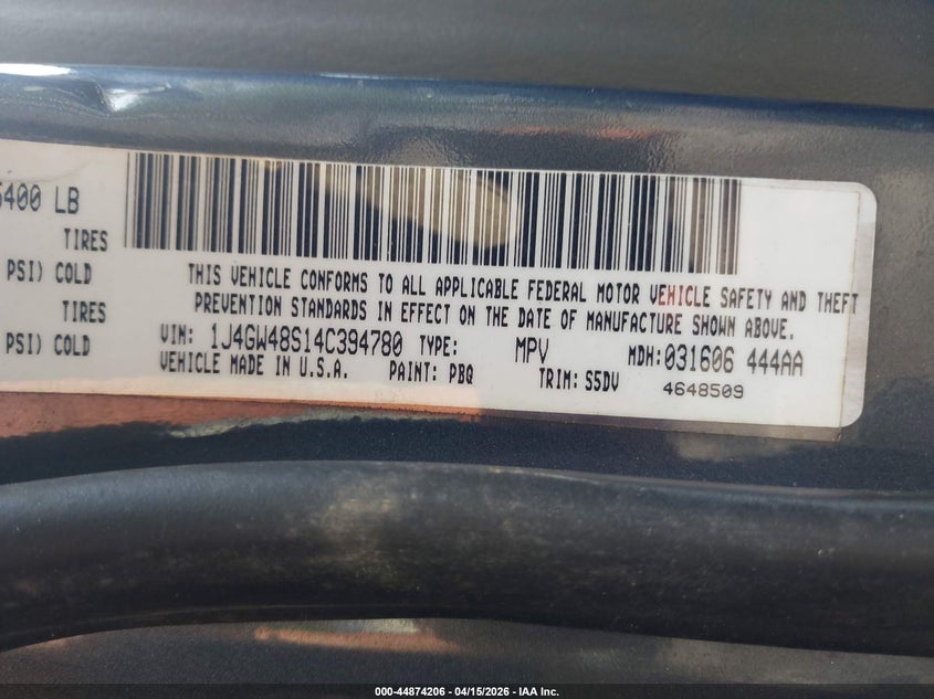 2004 Jeep Grand Cherokee Laredo VIN: 1J4GW48S14C394780 Lot: 44874206
