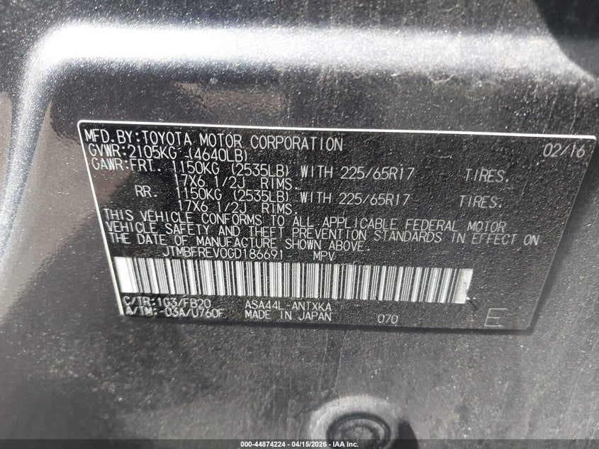 2016 Toyota Rav4 Le VIN: JTMBFREV0GD186691 Lot: 44874224