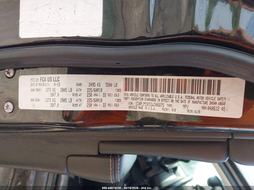 2016 Jeep Cherokee High Altitude VIN: 1C4PJMDB5GW306875 Lot: 44874230