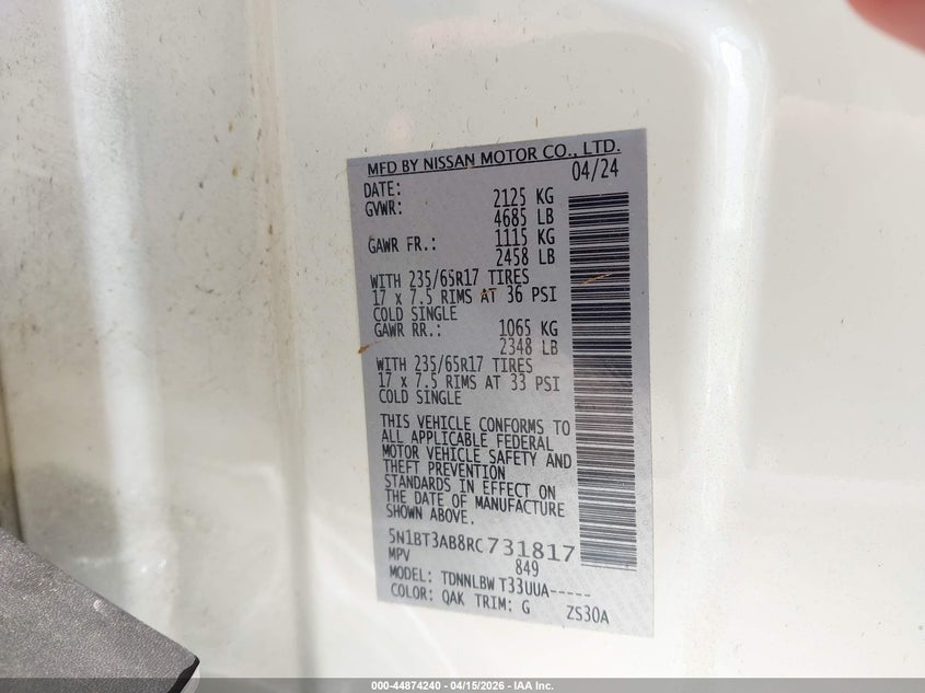 2024 Nissan Rogue S Intelligent Awd VIN: 5N1BT3AB8RC731817 Lot: 44874240